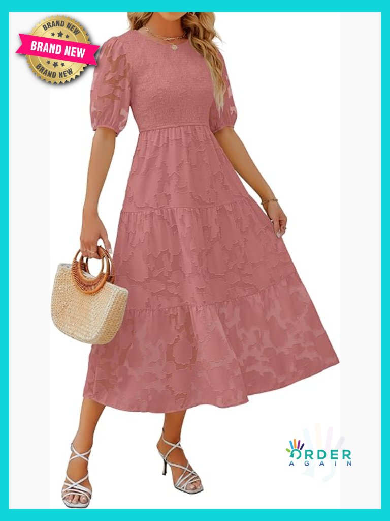 Summer Puff Sleeve Floral Lace Maxi Dress Smocked Tiered A-Line Midi